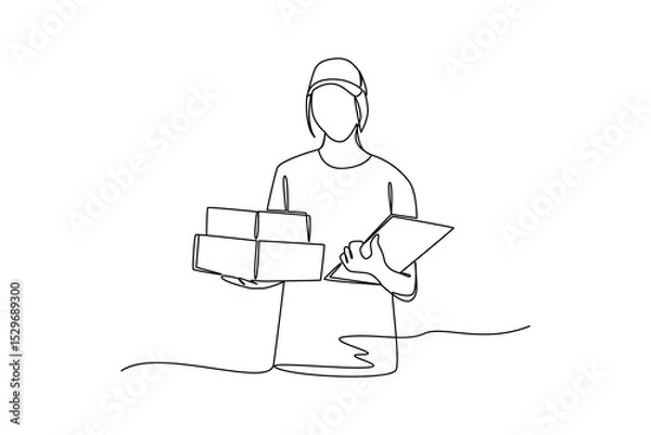 Obraz Delivery courier man carrying box package and notes. Safe delivery of goods concept. 3d vector people character illustration. Cartoon minimal style.