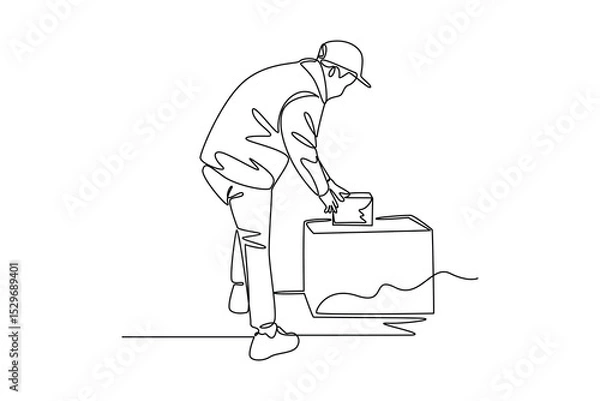 Obraz one continuous line draw of a courier deliver his package. Courier activity minimalist concept. Delivery at simple line design.
