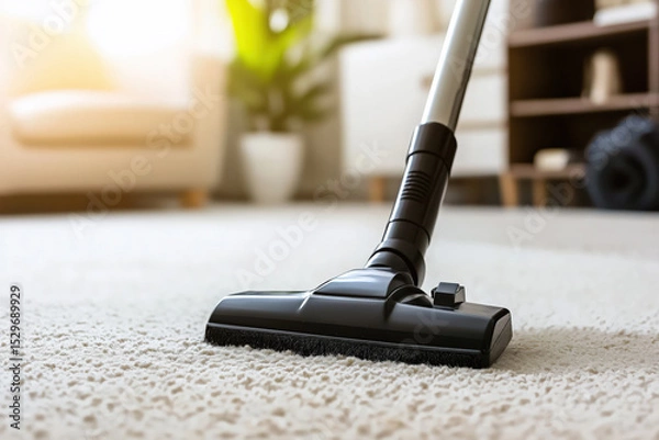 Obraz Vacuum cleaner nozzle gliding across a carpet in a well-lit, tidy living room