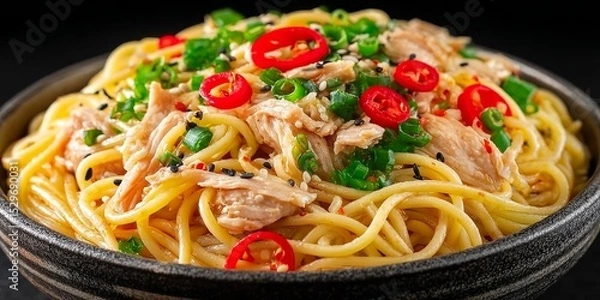 Fototapeta Close-Up of Delicious Asian Noodles with Chicken and Fresh Vegetables in a Traditional Dark Bowl