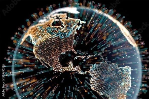 Fototapeta Interactive Globe Showcasing Continental Areas Visualized by Data Clusters and Connections in Tech