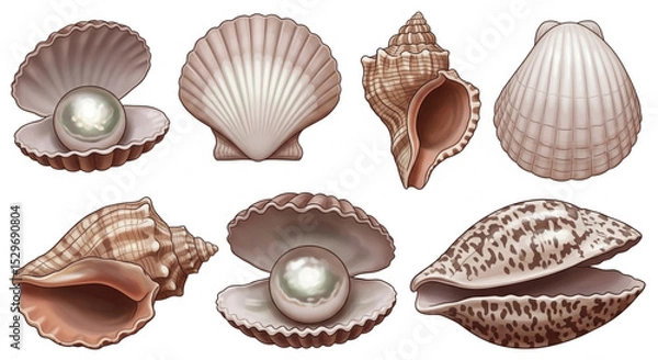 Fototapeta  Isolated natural open pearl sea shells set vector illustration