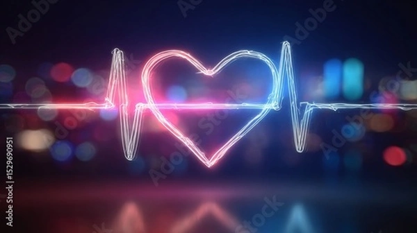 Fototapeta Futuristic Glowing Neon Heartbeat Symbol Against a Soft Bokeh Background for Health and Vitality