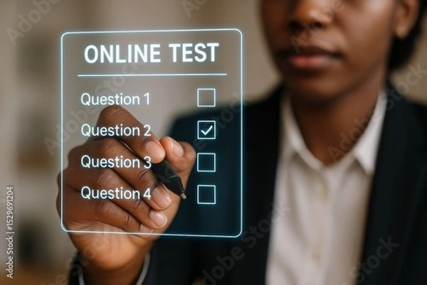 Fototapeta Individual taking online test with digital interface showing
