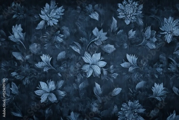 Fototapeta Majestic Indigo Damask Seamless Pattern with Vibrant Floral Bouquets for Elegant Textile Designs