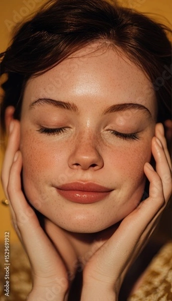 Fototapeta Stunning Close-Up Portrait of Freckled Skin with Hands in a Warm, Golden Orange Scene Background