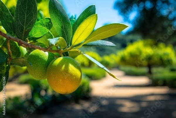 Fototapeta A Breathtaking Close-Up of Sun-Kissed Olives Hanging from Lush Green Branches in a Serene Garden