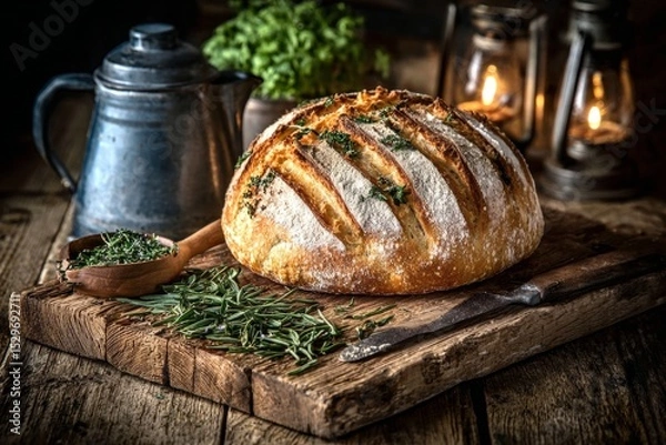 Fototapeta Close-Up of Rustic Bread with Rosemary and Scoring Marks on Aged Timber Boards and Kitchenware