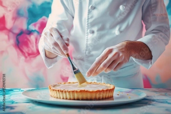 Fototapeta A pastry chef delicately glazes a delicious tart with a pastry brush, creating a visually appealing dessert.