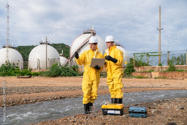Fototapeta Two men in yellow protective suits are standing near a body of water. One of them is holding a laptop. Wastewater testing, Wastewater treatment system, water quality testing