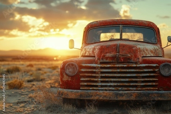 Fototapeta Rusty vintage truck at sunset in a deserted landscape, evokes nostalgia and the passage of time.