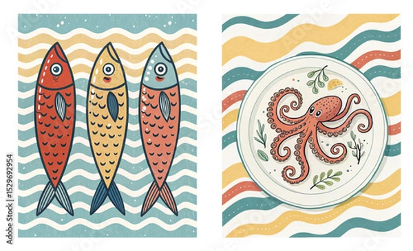 Fototapeta Naive drawing set of two vector images for seafood restaurant decor: colorful fish and octopus dish for culinary appeal