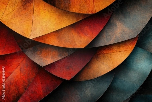 Fototapeta Abstract artwork featuring overlapping, textured layers in autumnal hues of red, orange, and brown.