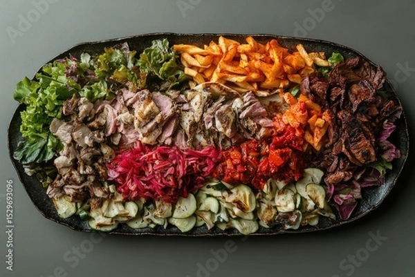 Fototapeta A vibrant platter featuring grilled meats, roasted vegetables, pickled items, and fries, arranged in a visually appealing manner.