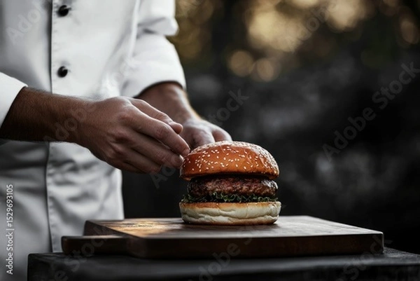 Fototapeta Chef carefully placing a juicy beef burger on a wooden board, ready to serve.