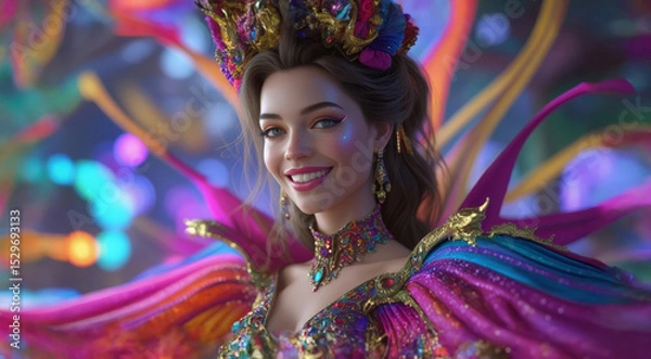 Fototapeta Colorful carnival queen in elaborate costume with vibrant feathers and jeweled crown smiling at camera
