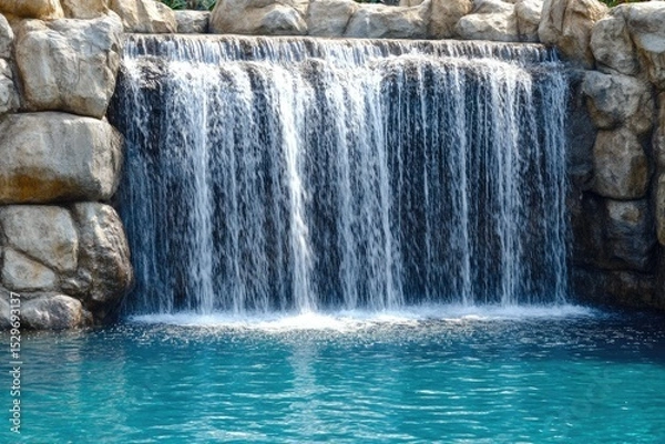 Fototapeta Serene waterfall cascading into a turquoise pool, surrounded by natural rock formations.