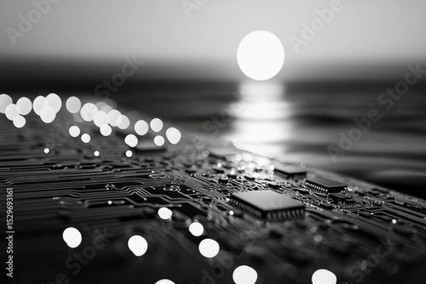 Fototapeta Circuit board at sunset, representing technological advancement and connection.