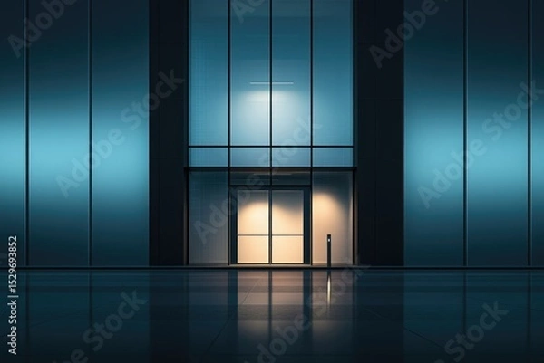 Fototapeta Modern glass building entrance at night, illuminated with soft light, showcasing sleek design and architectural details.