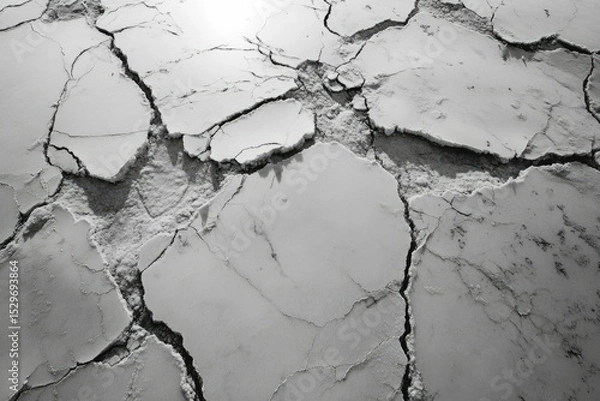 Fototapeta A grayscale image showing a cracked, dry surface, possibly earth or concrete, depicting drought or destruction.