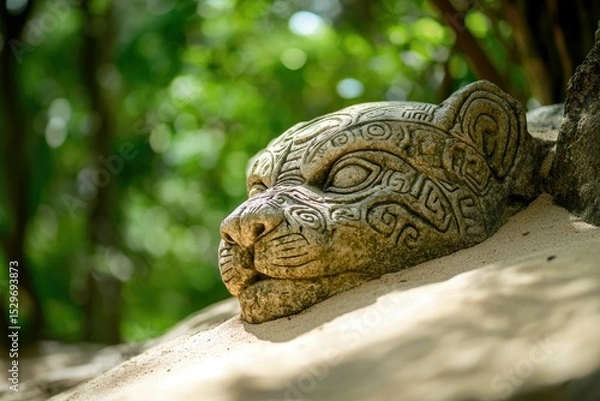 Fototapeta Intricate stone carving of a jaguar's head, nestled in sand, with a lush green backdrop.