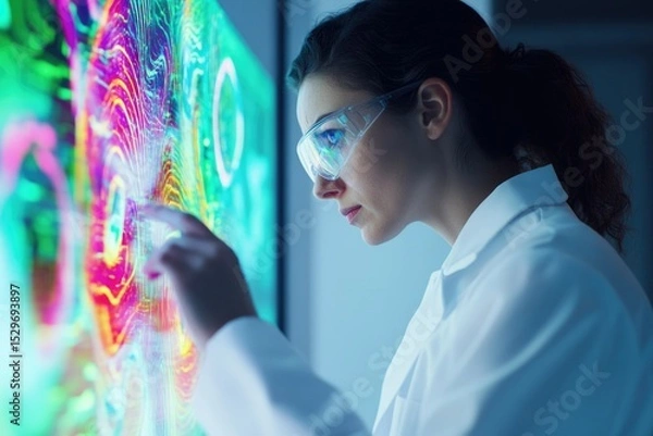 Fototapeta A scientist examines complex data visualizations on a large screen, analyzing intricate patterns and insights.