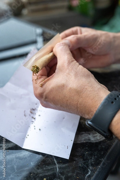 Obraz Close-up of a mans hands skillfully rolling a cannabis joint with shredded herb on paper, placed on a sleek marble surface, highlighting a relaxed and precise preparation.