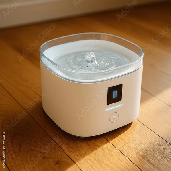 Fototapeta Smart pet water fountain on hardwood floor with digital display and clean design. AI-generated.
