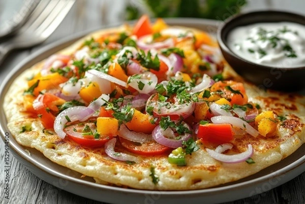 Fototapeta Savory flatbread topped with a vibrant mix of diced tomatoes, onions, bell peppers, and fresh herbs, served with a side of yogurt.