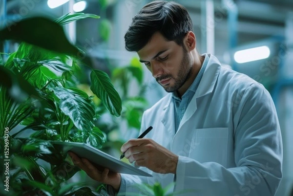 Fototapeta A scientist meticulously documents plant growth and health in a controlled environment.