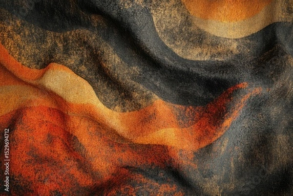 Fototapeta Abstract textured fabric with orange, black, and brown hues in a wavy pattern.