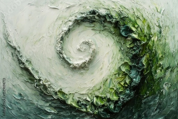 Fototapeta Abstract impasto painting of a swirling vortex, shades of green and white, textured and dynamic.