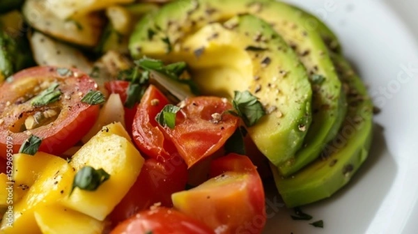 Obraz Vibrant Salad Featuring Avocado, Tomatoes, and Mango on White Plate