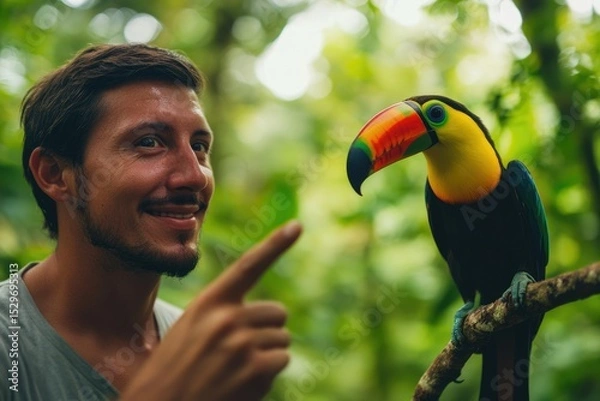 Fototapeta A man points at a vibrant keel-billed toucan in a lush green tropical forest.
