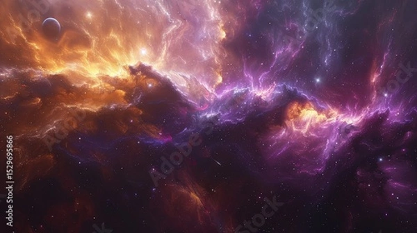 Fototapeta A mesmerizing cosmic cloudscape filled with vibrant fiery colors and swirling galaxies, inviting viewers to explore the beauty and mystery of the universe's expanse.