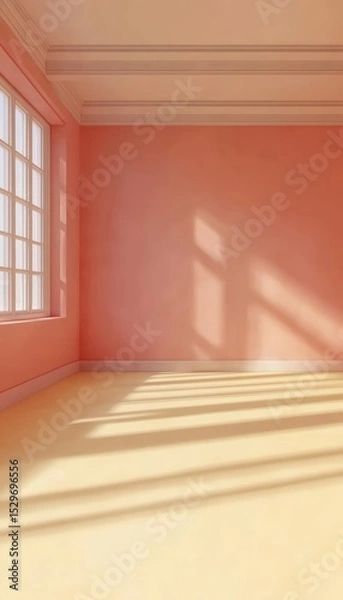 Fototapeta Serene Pastel Colored Empty Interior Room with Window Casting Elongated Shadows on the Floor