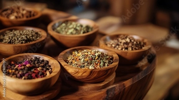 Obraz Assortment of aromatic dried herbs and spices in wooden bowls on a tray