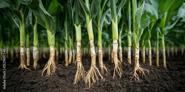 Fototapeta A Lush Field of Thriving Corn with Deep Root Systems Revealing Growth from Below the Soil Depths