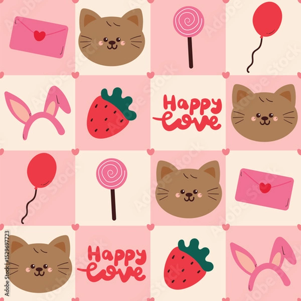 Fototapeta seamless pattern cute cartoon cat with cute valentine stuffs in pink patchwork style. cute drawing for wallpaper and gift wrap paper