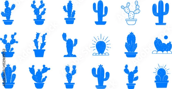 Obraz Set of blue cactus icons. Desert plants in pots vector illustration.