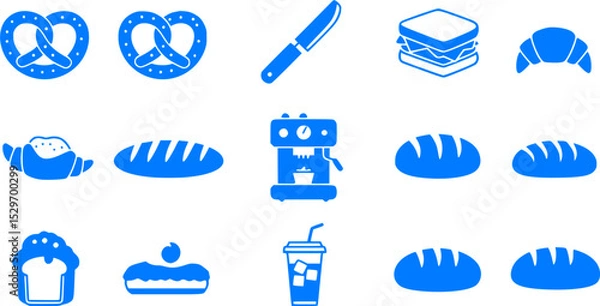 Obraz Bakery and Cafe Icon Set: Blue Silhouettes of Food and Beverages