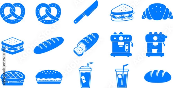 Obraz Bakery and Coffee Shop Icons Set - Blue Vector Illustrations