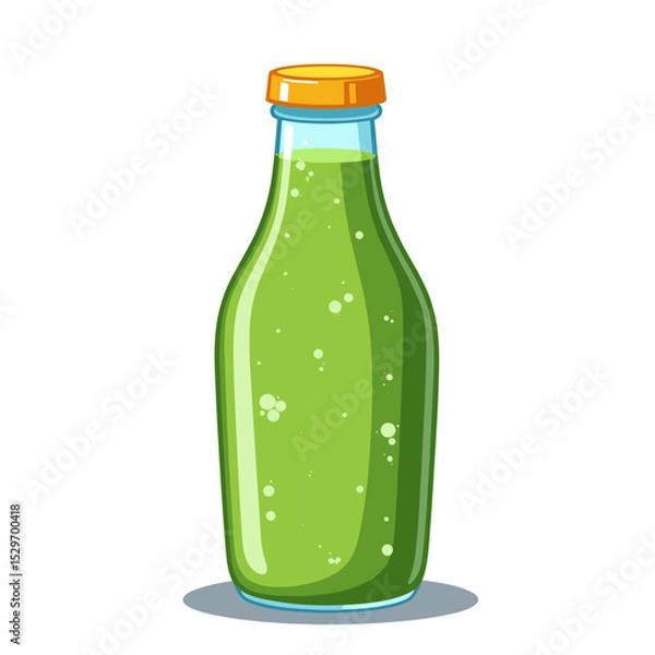 Obraz Green juice in glass bottle with orange cap on white background  