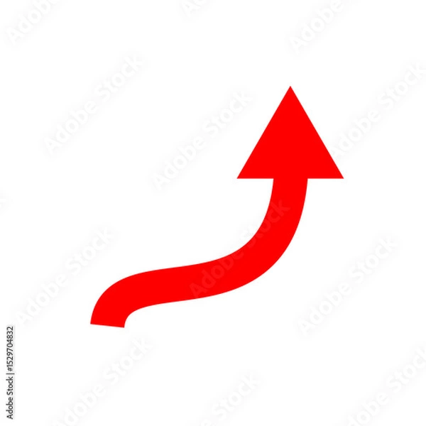 Fototapeta Red curved arrow pointing upward on white background, simple vector icon design for navigation, growth, progress and direction concepts