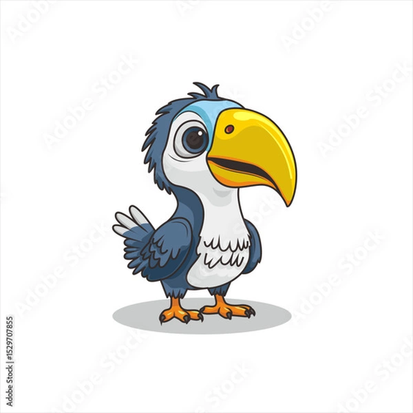 Obraz Cartoon-style toucan character with a large yellow beak, blue feathers, and white chest. This cheerful bird illustration is ideal for children’s books, tropical themes, and branding.