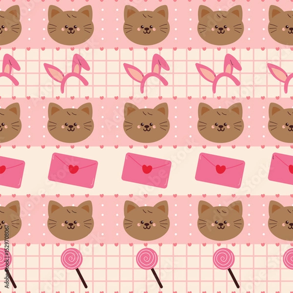 Fototapeta cute drawing cartoon cat and strawberry seamless pattern in stripe pattern design