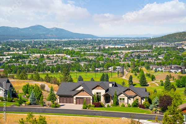 Fototapeta View of the Trailhead Golf Course, Mt Spokane and the state of Idaho from a high end subdivision in the suburban city of Liberty Lake, near Spokane Washington.