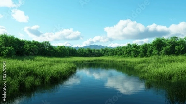 Obraz A serene landscape featuring a calm river bordered by lush greenery and trees under a clear blue sky with fluffy clouds, Ideal for themes of nature, tranquility, or environmental projects,