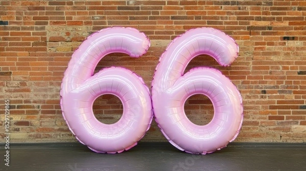 Obraz Two large pink balloon numbers '66' against a rustic brick wall, perfect for celebrating birthdays or anniversaries, ideal for party invitations, social media posts, or event decorations,