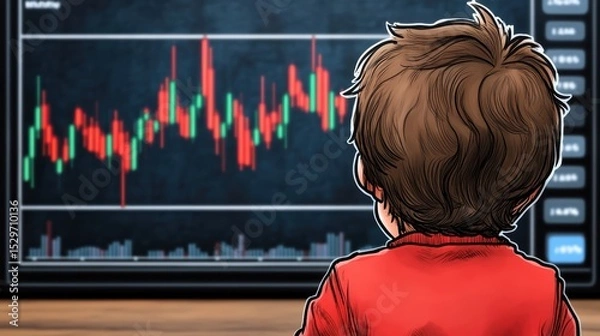 Obraz A young child is intently watching a stock market graph on a screen, conveying curiosity and a desire to learn about finance and investment, Ideal for educational materials or financial services,